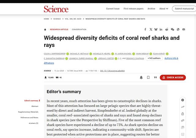 Image of the research paper in the online journal Science titled "Widespread diversity deficits of coral reef sharks and rays"