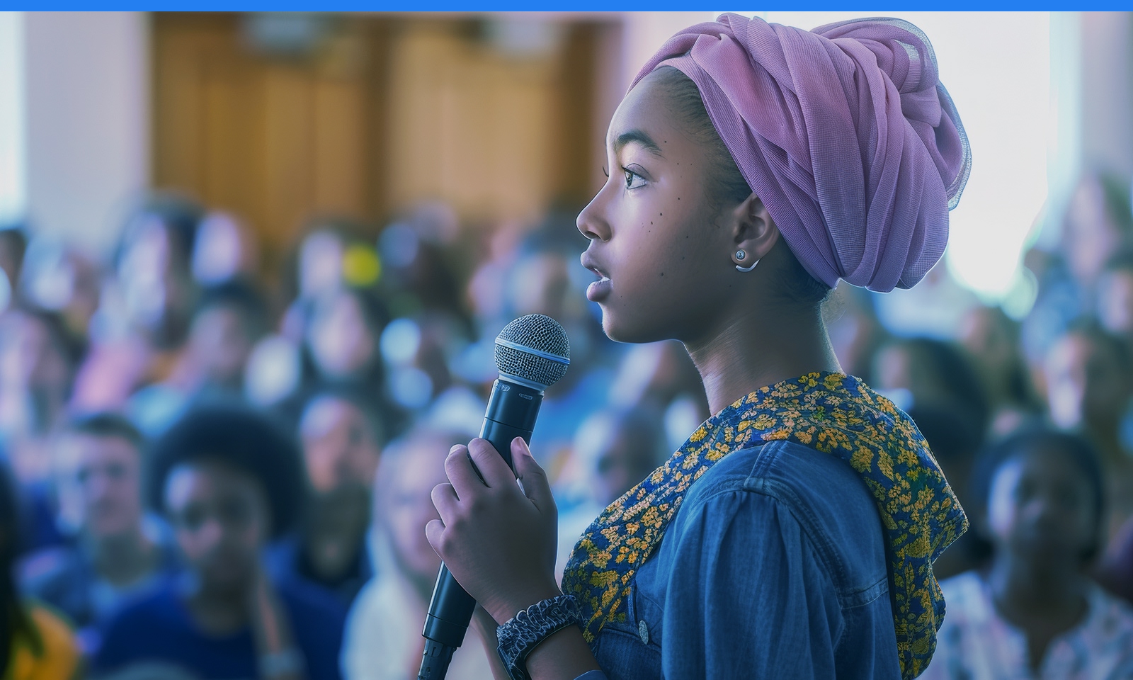 A young person speaks into a microphone in front of a blurred crowd of other young people, they wear a purple head-wrap and a scarf with a flower pattern. 