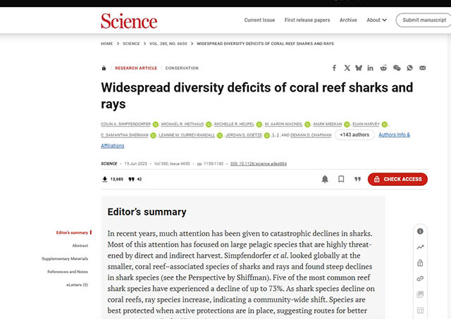 Image of the research paper in the online journal Science titled "Widespread diversity deficits of coral reef sharks and rays" 