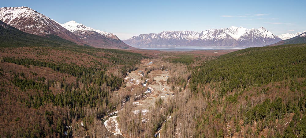 A view of distant white capped mountains, forest, and a fairly dry river bed